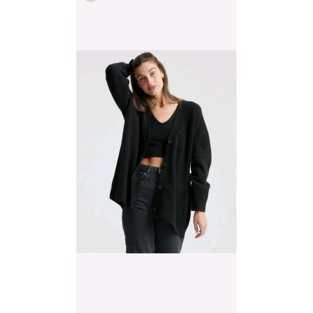 Quince Mongolian Cashmere 2.0 Oversized Boyfriend Cardigan Sweater Black Size XS